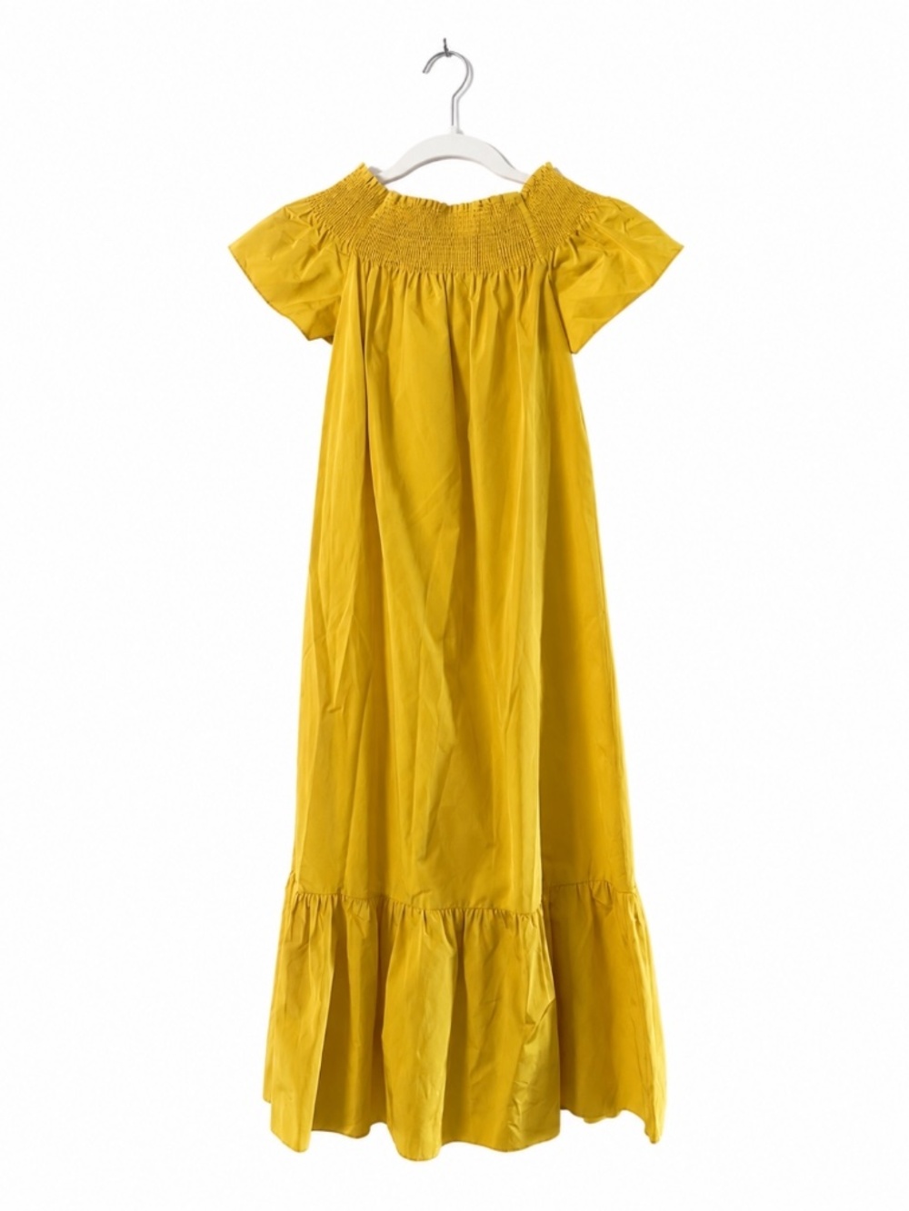 NWT Tory Burch Flaming Yellow Smocked Shoulder Tie Midi Dress Silk Blend XS - Picture 2 of 3
